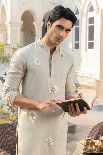 Shop_Heartistry by Anky_Grey Linen Embroidery Silver Mist Hand Kurta _Online_at_Aza_Fashions