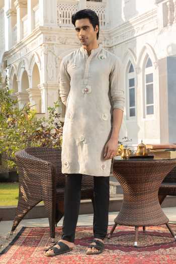 Buy_Heartistry by Anky_Grey Linen Embroidery Silver Mist Hand Kurta _at_Aza_Fashions