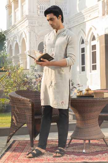Shop_Heartistry by Anky_Grey Linen Embroidery Silver Mist Hand Kurta 