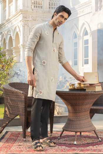 Shop_Heartistry by Anky_Grey Linen Embroidery Silver Mist Hand Kurta _at_Aza_Fashions