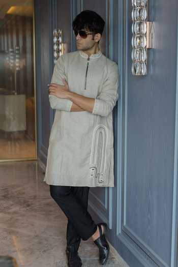 Shop_Heartistry by Anky_Grey Linen Embroidery The Urban Edge Kurta _at_Aza_Fashions
