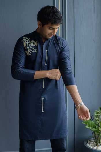 Shop_Heartistry by Anky_Blue Cotton Embroidery The Regal Bloom Hand Kurta _at_Aza_Fashions