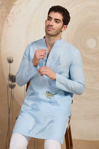 Heartistry by Anky_Blue Linen Embroidery Sky Sparrow Hand Kurta _Online_at_Aza_Fashions