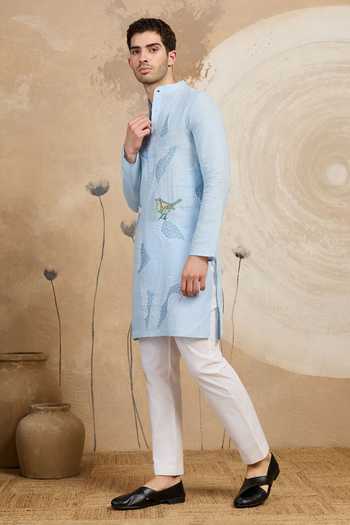 Buy_Heartistry by Anky_Blue Linen Embroidery Sky Sparrow Hand Kurta _Online_at_Aza_Fashions