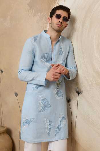 Shop_Heartistry by Anky_Blue Linen Embroidery Sky Sparrow Hand Kurta _at_Aza_Fashions