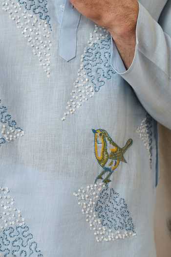 Shop_Heartistry by Anky_Blue Linen Embroidery Sky Sparrow Hand Kurta _Online_at_Aza_Fashions