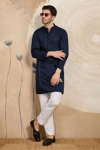 Shop_Heartistry by Anky_Navy Cotton Embroidery Azure Mummy Hand Kurta _at_Aza_Fashions