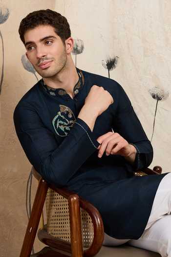 Shop_Heartistry by Anky_Black Silk Embroidery Blue Stallion Hand Kurta _Online_at_Aza_Fashions