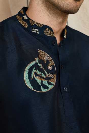 Heartistry by Anky_Black Silk Embroidery Blue Stallion Hand Kurta _at_Aza_Fashions