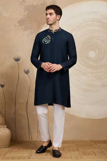 Buy_Heartistry by Anky_Black Silk Embroidery Blue Stallion Hand Kurta _at_Aza_Fashions