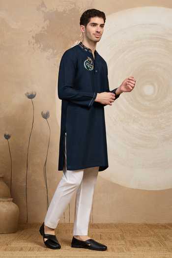 Shop_Heartistry by Anky_Black Silk Embroidery Blue Stallion Hand Kurta _at_Aza_Fashions