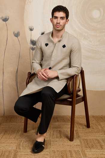 Shop_Heartistry by Anky_Grey Linen Embroidery Ace Hand Kurta _at_Aza_Fashions