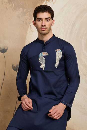 Shop_Heartistry by Anky_Navy Cotton Embroidery Azure Parrot Hand Kurta _at_Aza_Fashions