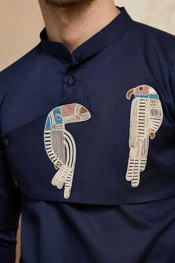 Heartistry by Anky_Navy Cotton Embroidery Azure Parrot Hand Kurta _Online_at_Aza_Fashions
