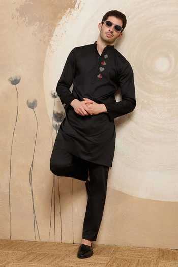 Buy_Heartistry by Anky_Black Cotton Embroidery Royal Deck Hand Kurta _at_Aza_Fashions