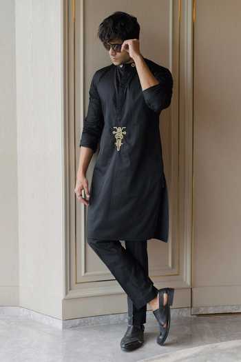 Shop_Heartistry by Anky_Black Cotton Embroidery The Riders Heritage Hand Kurta _at_Aza_Fashions