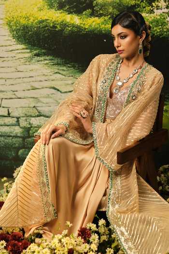 Priyaa_Gold Organza, Satin Embroidery V-neck Farah Cape Skirt Set _Online_at_Aza_Fashions