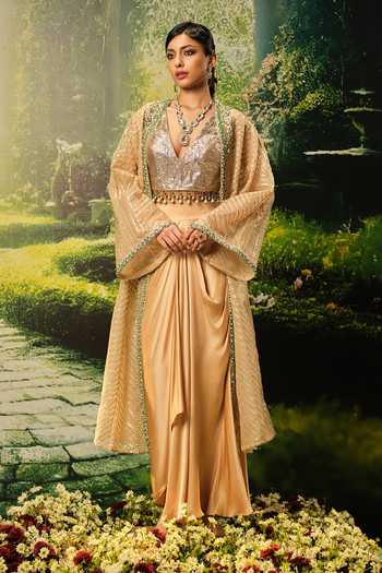 Buy_Priyaa_Gold Organza, Satin Embroidery V-neck Farah Cape Skirt Set _at_Aza_Fashions