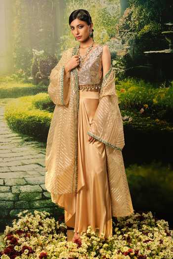 Shop_Priyaa_Gold Organza, Satin Embroidery V-neck Farah Cape Skirt Set _at_Aza_Fashions