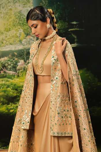 Priyaa_Gold Silk, Satin Embroidery Jasmine Cape Skirt Set _Online_at_Aza_Fashions