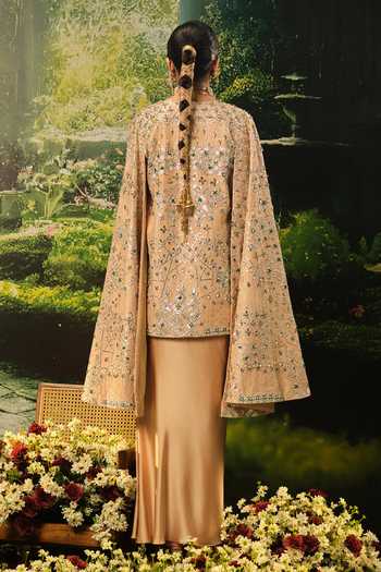 Shop_Priyaa_Gold Silk, Satin Embroidery Jasmine Cape Skirt Set _at_Aza_Fashions
