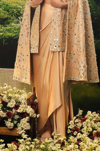 Buy_Priyaa_Gold Silk, Satin Embroidery Jasmine Cape Skirt Set _Online_at_Aza_Fashions