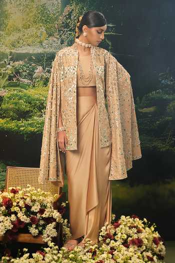 Shop_Priyaa_Gold Silk, Satin Embroidery Jasmine Cape Skirt Set _Online_at_Aza_Fashions