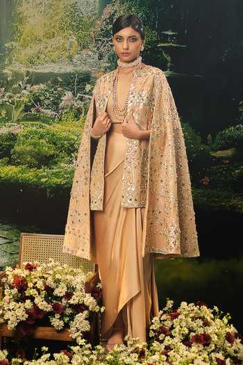 Buy_Priyaa_Gold Silk, Satin Embroidery Jasmine Cape Skirt Set _at_Aza_Fashions