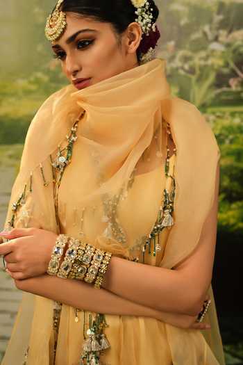 Priyaa_Gold Organza, Satin Beads, Tassels Fatima Embroidered Anarkali Dhoti Pant Set _Online_at_Aza_Fashions
