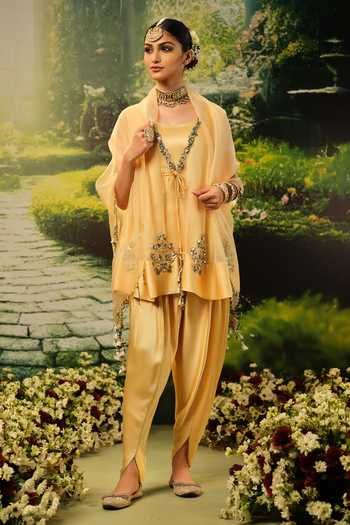 Buy_Priyaa_Gold Organza, Satin Beads, Tassels Fatima Embroidered Anarkali Dhoti Pant Set _at_Aza_Fashions