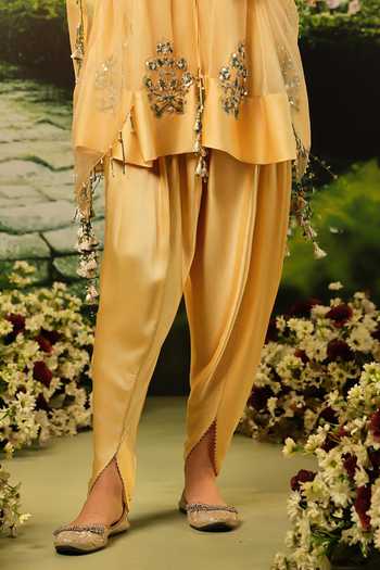 Buy_Priyaa_Gold Organza, Satin Beads, Tassels Fatima Embroidered Anarkali Dhoti Pant Set _Online_at_Aza_Fashions
