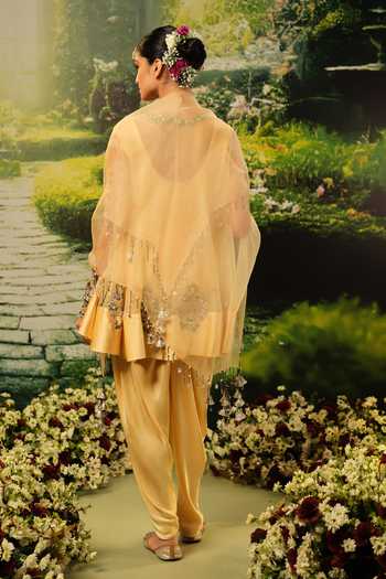 Shop_Priyaa_Gold Organza, Satin Beads, Tassels Fatima Embroidered Anarkali Dhoti Pant Set _at_Aza_Fashions