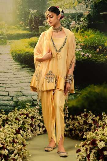 Shop_Priyaa_Gold Organza, Satin Beads, Tassels Fatima Embroidered Anarkali Dhoti Pant Set _Online_at_Aza_Fashions