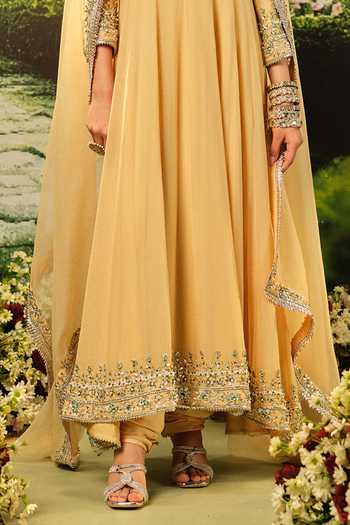 Buy_Priyaa_Gold Silk, Organza, Georgette Zari, Stones Yasmine Embroidered Anarkali Set _Online_at_Aza_Fashions