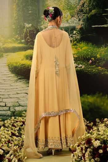 Priyaa_Gold Silk, Organza, Georgette Zari, Stones Yasmine Embroidered Anarkali Set _Online_at_Aza_Fashions