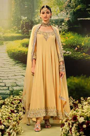 Buy_Priyaa_Gold Silk, Organza, Georgette Zari, Stones Yasmine Embroidered Anarkali Set _at_Aza_Fashions
