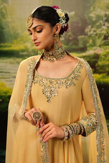 Shop_Priyaa_Gold Silk, Organza, Georgette Zari, Stones Yasmine Embroidered Anarkali Set _Online_at_Aza_Fashions