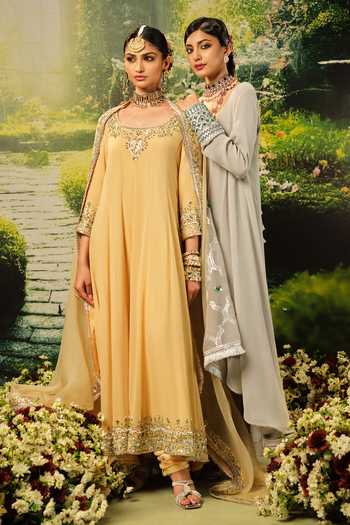 Priyaa_Gold Silk, Organza, Georgette Zari, Stones Yasmine Embroidered Anarkali Set _at_Aza_Fashions