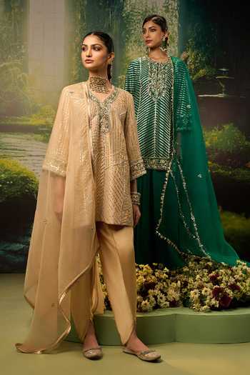 Buy_Priyaa_Gold Silk, Organza, Satin Sequins, Zari V-neck Zarah Striped Kurta Set _Online_at_Aza_Fashions