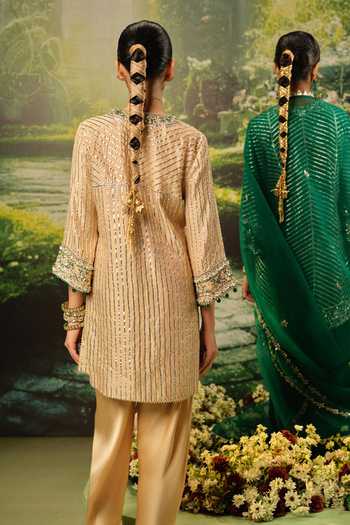 Shop_Priyaa_Gold Silk, Organza, Satin Sequins, Zari V-neck Zarah Striped Kurta Set _Online_at_Aza_Fashions