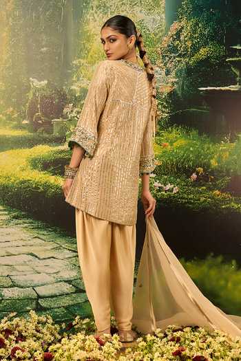 Shop_Priyaa_Gold Silk, Organza, Satin Sequins, Zari V-neck Zarah Striped Kurta Set _at_Aza_Fashions