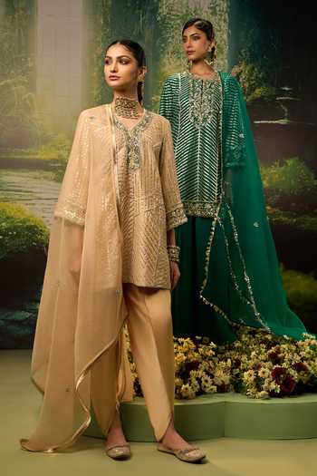 Buy_Priyaa_Green Silk, Organza, Georgette Embroidery, Zari Round Neck Aisha Kurta Set _Online_at_Aza_Fashions
