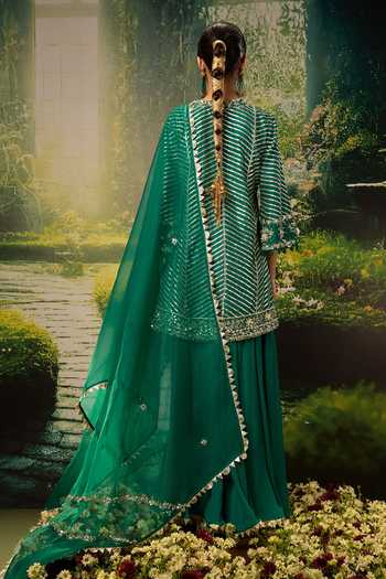 Shop_Priyaa_Green Silk, Organza, Georgette Embroidery, Zari Round Neck Aisha Kurta Set _at_Aza_Fashions