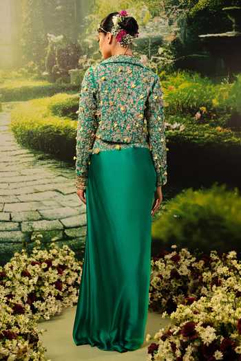 Shop_Priyaa_Green Satin Embroidery, Zari Collared Rania Jacket And Skirt Set _at_Aza_Fashions