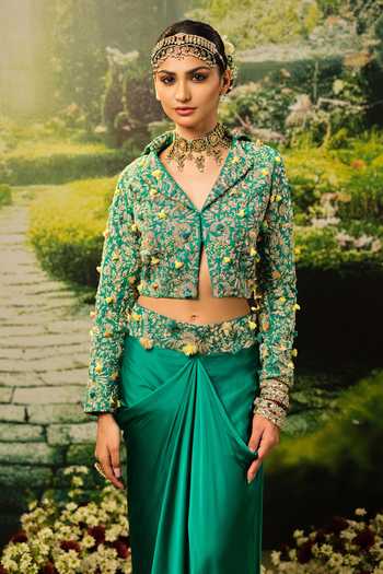 Buy_Priyaa_Green Satin Embroidery, Zari Collared Rania Jacket And Skirt Set _Online_at_Aza_Fashions
