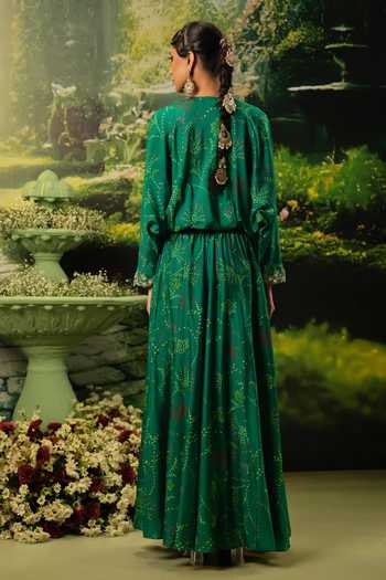 Shop_Priyaa_Green Satin Embroidery V-neck Alina Top And Skirt Set _at_Aza_Fashions