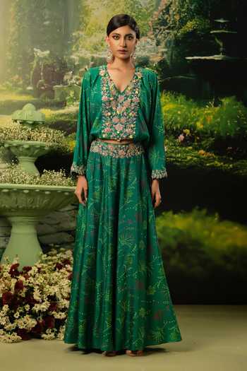 Buy_Priyaa_Green Satin Embroidery V-neck Alina Top And Skirt Set _at_Aza_Fashions