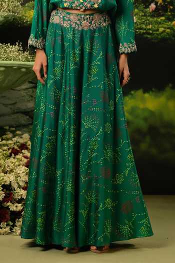 Priyaa_Green Satin Embroidery V-neck Alina Top And Skirt Set _Online_at_Aza_Fashions