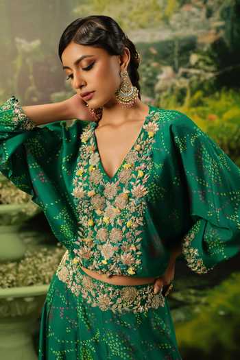 Buy_Priyaa_Green Satin Embroidery V-neck Alina Top And Skirt Set _Online_at_Aza_Fashions