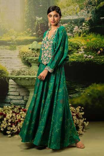 Shop_Priyaa_Green Satin Embroidery V-neck Alina Top And Skirt Set _Online_at_Aza_Fashions